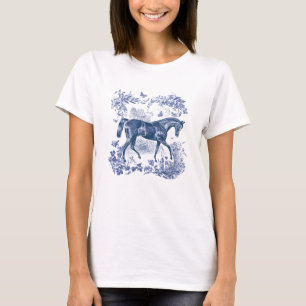 T-shirt Elégant Vintage Rustic Blue Horse Country Toile