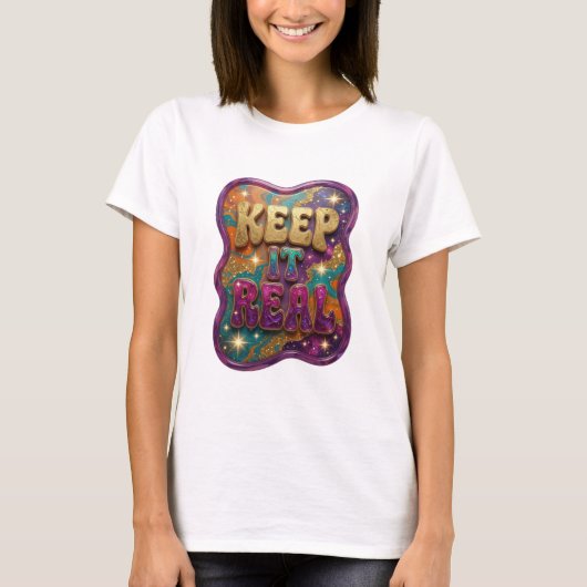 T-shirt Élégante écriture 3D KEEP IT REAL en or (Devant)
