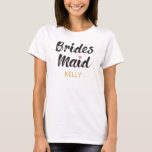 T-shirt Élégante sur mesure<br><div class="desc">Un t-shirt mignon pour vos demoiselles d'honneur ultra-spéciales. Faites-leur plaisir de vous tenir à vos côtés pendant les cérémonies mariages avec ces chemises de demoiselles d'honneur uniques et personnalisées. Il comporte les mots "Bridesmaid" dans un élégant texte de style script. En dessous, il y a un lieu pour un nom...</div>