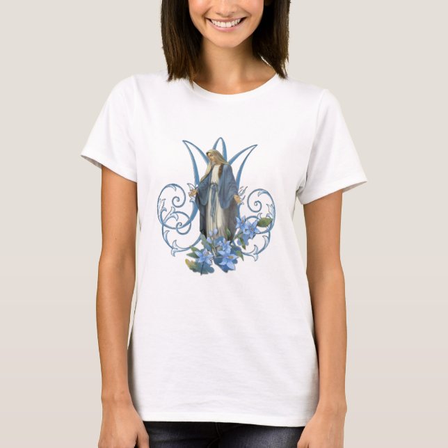 T-shirt Élégante Vierge Marie Blue Floral Monogramme "M" (Devant)