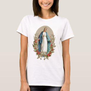 T-shirt Élégante Vierge Marie Florale Rose catholique