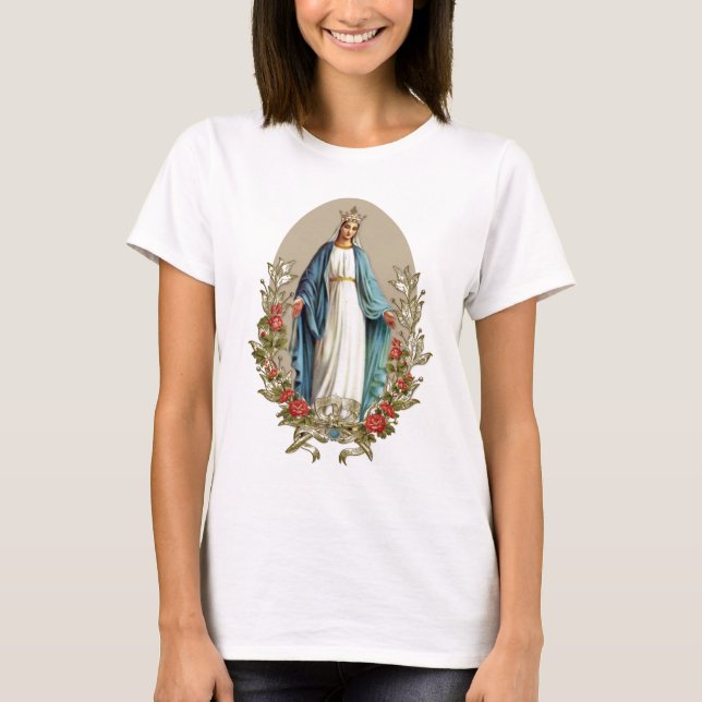 T-shirt Élégante Vierge Marie Florale Rose catholique (Devant)