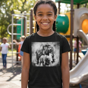 T-shirt Eléphant africain avec veau noir et blanc