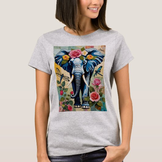 T-shirt Éléphant avec roses et libellules patchwork (Devant)