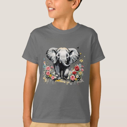 T-shirt Eléphant Bébé avec Roses (Devant)