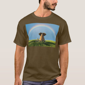 T-shirt Eléphant Et Chien Assis Sous L'Arc En Ciel Sur Une