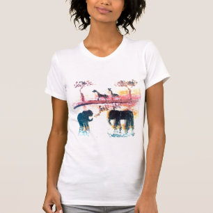 T-shirt Elephant, Giraffe Safari Sunset Art