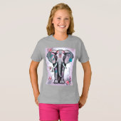 T-shirt Éléphant indien gris orné de fleurs (Devant entier)