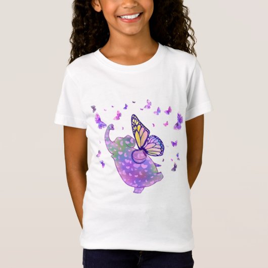 T-shirt éléphant papillon pourpre avec papillons (Devant)