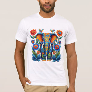T-shirt Éléphant vibrant d'art folklorique avec jardin flo