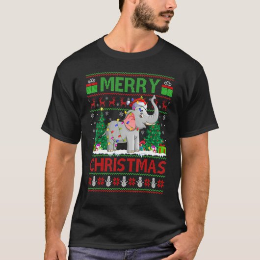 T-shirt Elephant Xmas Tree Light Ugly Santa Elephant Chr (Devant)