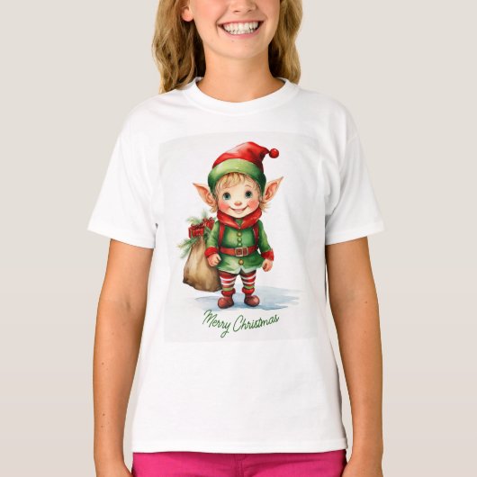 T-shirt elfe de Noël avec un sac de cadeaux (Devant)