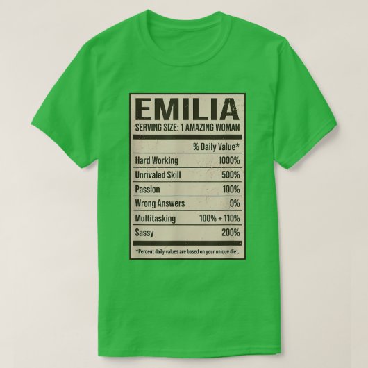 T-shirt Emilia Nutrition Facts Nom Pseudo Alias Titre F (Design devant)