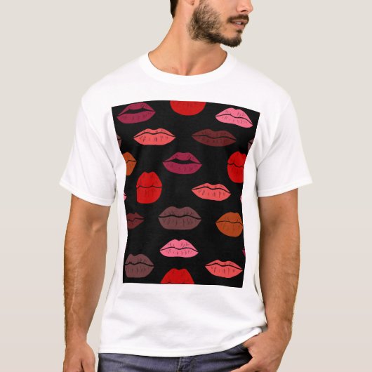 T-shirt Empreinte de lèvres, baisers rose rouge. (Devant)