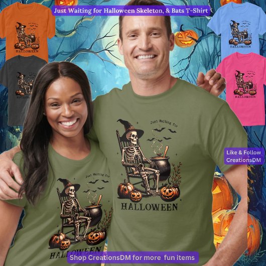 T-shirt En attente d'Halloween Squelette & chauves-souris