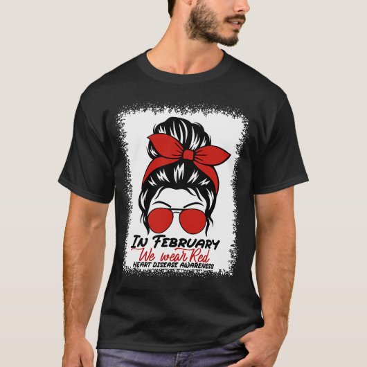 T-shirt En Février Nous Portons Red Messy Bun Maladie Coeu (Devant)