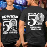 T-shirt En Tri-matière 50e anniversaire doublé face photo nom blanc<br><div class="desc">Joyeux 50e anniversaire texte blanc, nom et deux photos t-shirt. Fun double face 50e t-shirt photo personnalisé en gras blanc design. Personnalisez cette chemise d'anniversaire avec une photo de la personne d'anniversaire au milieu du numéro 0 sur le devant et le dos. Idéal pour ajouter un peu de plaisir à...</div>