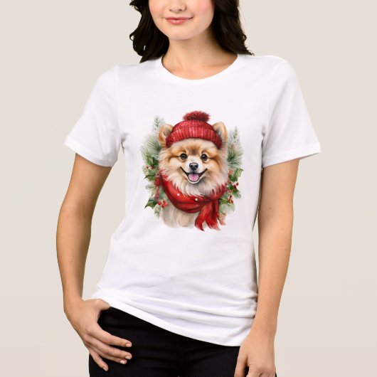 T-shirt En Tri-matière Aquarelle Chien de Poméranie de Noël (Recto)