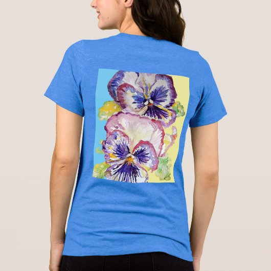 T-shirt En Tri-matière Aquarelle Pansy Motif sur bleu rose jaune (Verso)
