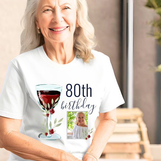 T-shirt En Tri-matière Aquarelle Rose de vin rouge Photo 80e anniversaire