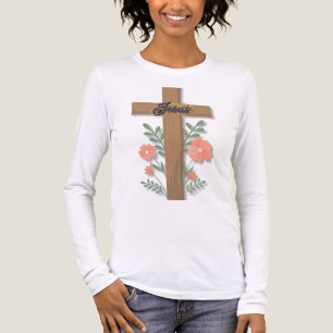 T-shirt En Tri-matière Art de mots de Jésus Croix avec fleurs de corail