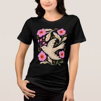 T-shirt En Tri-matière Art populaire floral et oiseau vintage