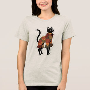 T-shirt En Tri-matière Boho Patchwork Tee Graphique Chat Noir