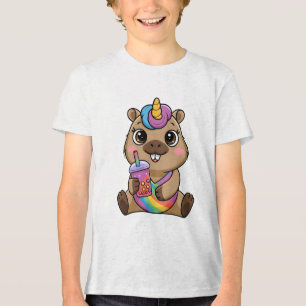 T-shirt En Tri-matière Capybara Licorne Flottant Buvant du Bubble Tea uni