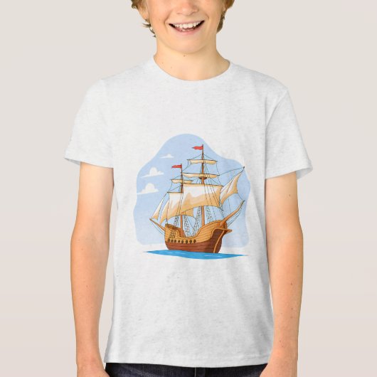 T-shirt En Tri-matière Cartoon Galleon Sailing on Blue Water (Recto)