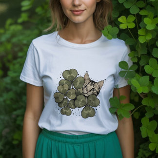 T-shirt En Tri-matière Chat adorable entouré de feuilles de trèfle vert
