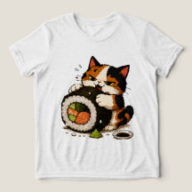 Chat calico grincheux amateur de sushi