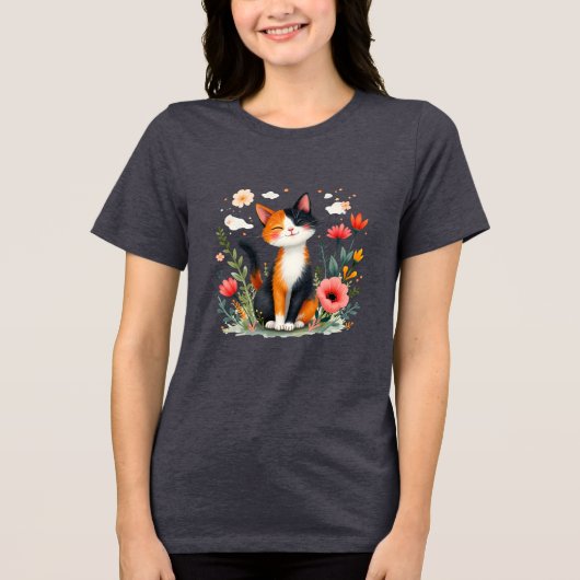 T-shirt En Tri-matière Chat Calico souriant dans le jardin fleuri (Recto)
