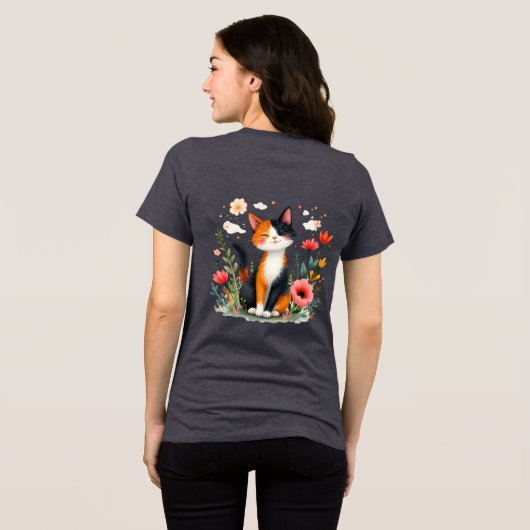 T-shirt En Tri-matière Chat Calico souriant dans le jardin fleuri (Verso intégral)