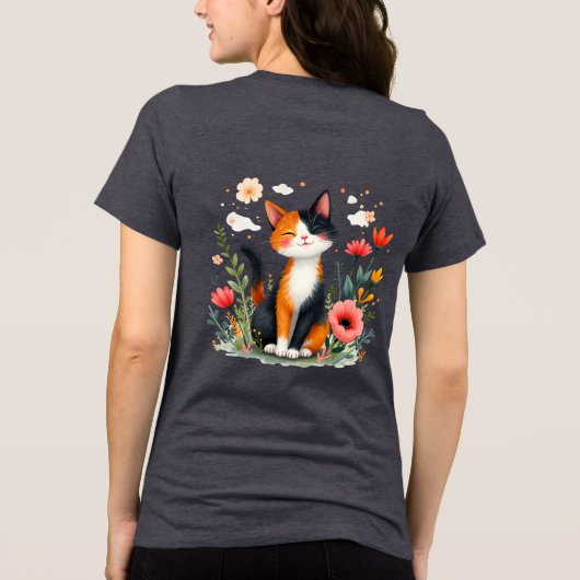 T-shirt En Tri-matière Chat Calico souriant dans le jardin fleuri (Verso)