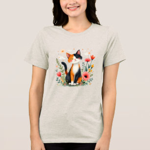 T-shirt En Tri-matière Chat Calico souriant dans le jardin fleuri