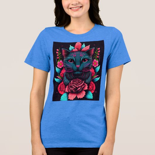 T-SHIRT  EN TRI-MATIÈRE CHAT COLORÉ ET FLEURS (Recto)