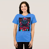 T-SHIRT  EN TRI-MATIÈRE CHAT COLORÉ ET FLEURS (Recto plein)