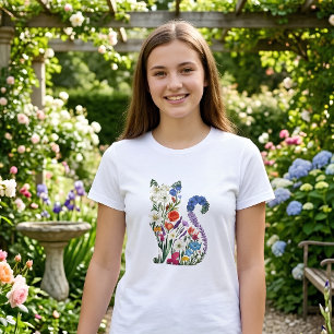 T-shirt En Tri-matière Chat Floral Élégant pour Femmes