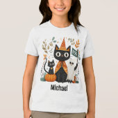 T-shirt En Tri-matière Chat noir mignon personnalisé et Halloween fantôme (Recto)