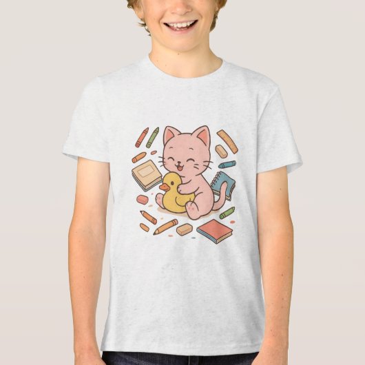 T-shirt En Tri-matière Chat rose mignon avec canard en caoutchouc (Recto)