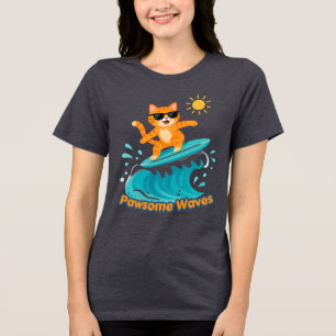 T-shirt En Tri-matière Chat roux surfant Pawsome Waves avec lunettes de s