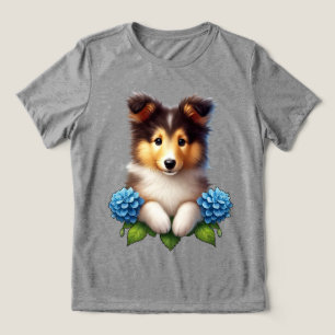 T-shirt En Tri-matière Chiot adorable avec Fleurs Bleues
