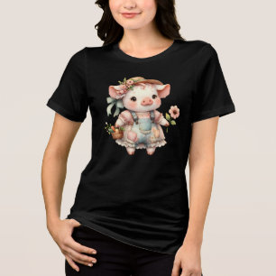 T-shirt En Tri-matière Cochonnet Pastel Mignon en Salopette Cottagecore