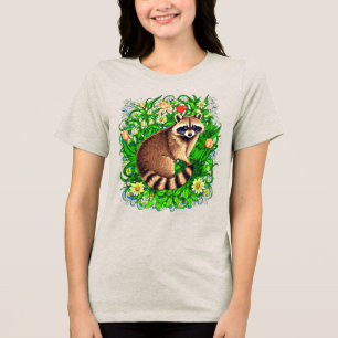 T-shirt En Tri-matière Curieux Raccoon dans un jardin fleuri coloré