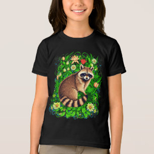 T-shirt En Tri-matière Curieux Raccoon dans un jardin fleuri coloré