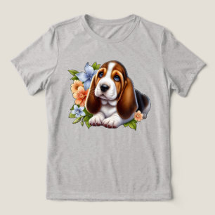 T-shirt En Tri-matière Cute Basset Hound Chiot assis avec des fleurs