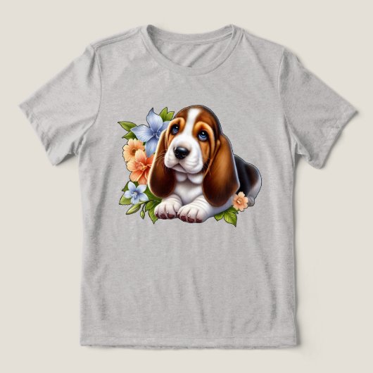 T-shirt En Tri-matière Cute Basset Hound Chiot assis avec des fleurs (Design Recto)