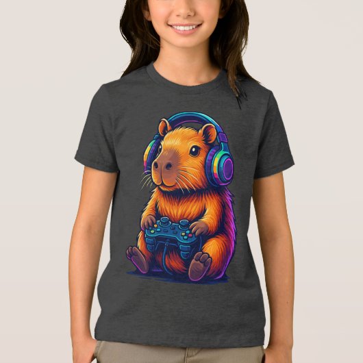 T-shirt En Tri-matière Cute Gamer Capybara — with Headset & Controller (Recto)