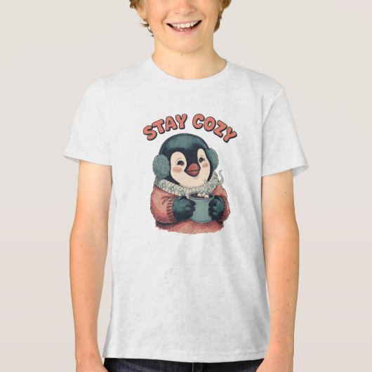 T-shirt En Tri-matière Cute Stay Cozy Penguin Drinking Hot Cocoa Hat (Recto)