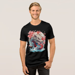 T-shirt En Tri-matière Dragon Blanc avec Vagues et Sakura
